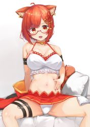 Rule 34 | 1girl, animal ears, bed, belly, breasts, cleavage, collarbone, commentary request, fang, glasses, highres, large breasts, looking at viewer, mole, mole on stomach, navel, nijisanji, open mouth, orange eyes, orange hair, panties, raccoon tail, ratna petit, shochiku, short hair, simple background, sitting, solo, spread legs, tail, underwear, virtual youtuber, white background, white panties
