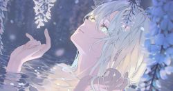 Rule 34 | 1girl, blue eyes, blurry, blurry background, check commentary, commentary request, dutch angle, falling petals, glowing, glowing eyes, hair between eyes, hands up, holding, holding hair, looking up, medium hair, original, partially submerged, petals, reia, solo, upper body, water, white hair