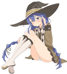 Rule 34 | 1girl, absurdres, black hat, black ribbon, blue eyes, blue hair, blush, boots, braid, brown cloak, cloak, closed mouth, flat chest, full body, hair between eyes, hair ribbon, hand in own hair, hand on own leg, hat, highres, knee boots, knees up, large hat, long hair, mushoku tensei, panties, pantyshot, ribbon, root (1732050807point), roxy migurdia, simple background, sitting, smile, solo, twin braids, underwear, very long hair, white background, white footwear, white panties, witch hat