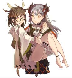 Rule 34 | 2girls, ankle strap, antenna hair, arknights, bare legs, barefoot, black-framed eyewear, black skirt, brown hair, carrying, chinese commentary, commentary request, cowboy shot, earrings, feather hair, glasses, highres, horns, jewelry, lanyue, long hair, long sleeves, looking at another, multiple girls, orange eyes, parted lips, princess carry, saria (arknights), shirt, short hair, silence (arknights), silver hair, simple background, skirt, smile, standing, stud earrings, thighs, v-shaped eyebrows, white background, white shirt, wide sleeves, yellow eyes