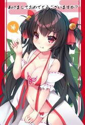 Rule 34 | 1girl, :p, ahoge, bare shoulders, bikini, bikini top only, black hair, blush, bow, bow panties, breasts, cleavage, closed mouth, collarbone, commentary request, covered erect nipples, cowboy shot, detached sleeves, egasumi, frilled sleeves, frills, hair ribbon, hair rings, halterneck, hand up, highres, japanese clothes, karaage3, kimono, long hair, looking at viewer, medium breasts, navel, new year, ok sign, open clothes, original, panties, red bikini, red eyes, red ribbon, ribbon, ribbon-trimmed legwear, ribbon-trimmed sleeves, ribbon trim, sanpaku, short sleeves, smile, solo, speech bubble, standing, stomach, swimsuit, thighhighs, tongue, tongue out, translation request, underwear, very long hair, white kimono, white panties, white thighhighs