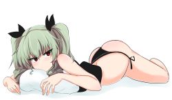 Rule 34 | 1girl, absurdres, aikir (jml5160), anchovy (girls und panzer), ass, black panties, black shirt, blouse, blush, closed mouth, girls und panzer, green hair, hair ornament, hair ribbon, highres, looking at viewer, lying, on stomach, panties, pillow, ribbon, shirt, side-tie panties, simple background, solo, twintails, underwear, underwear only, white background