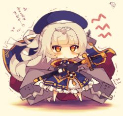 Rule 34 | 1girl, :t, azur lane, beret, blue dress, blue hat, blunt bangs, blush, cannon, chibi, closed mouth, dress, full body, hat, holding, holding sheath, long hair, long sleeves, muuran, orange eyes, pout, puffy long sleeves, puffy sleeves, saber (weapon), sheath, sheathed, signature, silver hair, solo, standing, sword, tears, translation request, trembling, very long hair, weapon, z46 (azur lane)