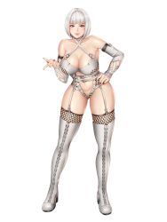 Rule 34 | bare shoulders, boots, breasts, christie (doa), cleavage, collarbone, commentary request, criss-cross halter, cross-laced footwear, dead or alive, dominatrix, female focus, fingernails, full body, garter straps, grey eyes, halterneck, hand on own hip, highres, kurone rinka, large breasts, lips, lipstick, looking at viewer, makeup, md5 mismatch, nail polish, parted lips, red lips, red nails, resolution mismatch, short hair, silver hair, simple background, smile, solo, source smaller, standing, tecmo, thigh boots, thighhighs, white background, white footwear