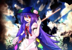 Rule 34 | 1girl, apron, blue hair, bow, dress, female focus, food, fruit, giorgio claes, hat, hinanawi tenshi, long hair, outdoors, peach, red eyes, sky, solo, sword, sword of hisou, touhou, very long hair, weapon