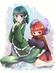 Rule 34 | 2girls, bare legs, black shirt, blouse, blue eyes, blue hair, blush, breast rest, breasts, cape, covered erect nipples, drill hair, fins, furim, green kimono, head fins, highres, japanese clothes, kimono, large breasts, long sleeves, mermaid, miniskirt, monster girl, multiple girls, obi, pleated skirt, red cape, red eyes, red hair, red skirt, sash, sekibanki, shirt, sitting, skirt, sleeves rolled up, touhou, wakasagihime, wariza