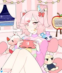 Rule 34 | 1girl, :&lt;, alternate costume, animal crossing, bandaid, bandaid on face, bandaid on nose, bow, caffe0w0, casual, character doll, chrissy (animal crossing), commentary, doki doki literature club, english commentary, eyes visible through hair, francine (animal crossing), hair bow, handheld game console, heart, heart-shaped pillow, highres, indoors, judy (animal crossing), long sleeves, looking at viewer, marshal (animal crossing), merengue (animal crossing), natsuki (doki doki literature club), nintendo, pillow, pink eyes, pink hair, red bow, short hair, sitting, solo, television, two side up, window