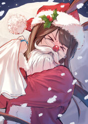 Rule 34 | &gt; &lt;, 1girl, absurdres, amiya (arknights), animal ears, arknights, bespectacled, blush, brown hair, christmas, closed eyes, closed mouth, commentary request, ears through headwear, facing viewer, fake beard, fake facial hair, fake mustache, fur-trimmed headwear, fur-trimmed jacket, fur-trimmed sleeves, fur trim, glasses, hat, highres, holding, holding sack, jacket, jewelry, long hair, long sleeves, nose blush, rabbit ears, red hat, red jacket, red nose, renkon logistics, ring, sack, santa claus, santa costume, santa hat, solo, upper body, very long hair