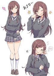 Rule 34 | 1girl, absurdres, black necktie, blush, breasts, brown footwear, brown hair, closed mouth, collared shirt, eitopondo, flying, grey sweater, hand in own hair, heart, highres, idolmaster, idolmaster shiny colors, loafers, long hair, long sleeves, looking at viewer, medium breasts, miniskirt, multiple views, necktie, one eye closed, open mouth, osaki amana, pleated skirt, shirt, shoes, sidelocks, skirt, sleeves past wrists, smile, socks, solo, spoken blush, star (symbol), sweater, translation request, v, v-neck, white background, white shirt, white socks, yellow eyes