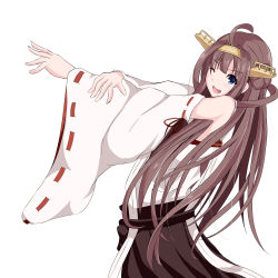 Rule 34 | &gt;;d, 10s, 1girl, ahoge, bad id, bad pixiv id, bare shoulders, brown hair, detached sleeves, double bun, hair bun, hairband, headgear, japanese clothes, kantai collection, kongou (kancolle), kuro75268, long hair, looking at viewer, looking to the side, nontraditional miko, one eye closed, open mouth, outstretched arm, reaching, ribbon-trimmed sleeves, ribbon trim, simple background, smile, solo, stretching, upper body, v-shaped eyebrows, white background