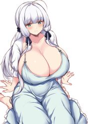 Rule 34 | 1girl, ahoge, arashiki mamizu, arm support, azur lane, blue dress, blue eyes, blush, breasts, cleavage, collarbone, dress, frilled dress, frills, highres, huge breasts, illustrious (azur lane), long hair, looking at viewer, multi-tied hair, sidelocks, simple background, sitting, smile, solo, twintails, wariza, white background, white hair
