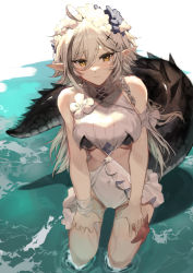 Rule 34 | 1girl, absurdres, arknights, armband, bare shoulders, blue flower, blush, covered navel, crocodilian tail, flower, groin, hair between eyes, head wreath, highres, long hair, looking at viewer, molyb, official alternate costume, one-piece swimsuit, pointy ears, shadow, solo, starfish, swimsuit, tail, tomimi (arknights), tomimi (silent night) (arknights), wading, water, white flower, white hair, white one-piece swimsuit, yellow eyes