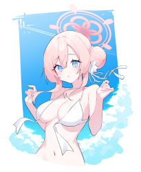 Rule 34 | 1girl, :o, absurdres, bikini, blue archive, blue eyes, blush, breasts, cleavage, collarbone, cropped torso, dot nose, front-tie bikini top, front-tie top, hair between eyes, hair bun, hair ribbon, halo, hands up, highres, honi (honi1010), large breasts, looking at viewer, mimori (blue archive), mimori (swimsuit) (blue archive), navel, open mouth, pink hair, pink pupils, ribbon, short hair with long locks, sidelocks, single side bun, solo, stomach, swimsuit, untied bikini, wardrobe malfunction, white bikini, white ribbon