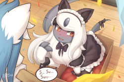 Rule 34 | 1girl, 1other, absol, absurdres, animal ears, animal hands, artist name, averting eyes, black bow, black bowtie, black dress, black thighhighs, blue hair, blush, body fur, bow, bowtie, box, bright pupils, cardboard box, cat ears, claws, colored skin, confetti, crack, creatures (company), dated, dress, embarrassed, english text, female focus, frilled dress, frilled sleeves, frills, from above, furry, furry female, game freak, garter straps, gen 3 pokemon, grey horns, grey skin, hand up, highres, holding, horns, in container, indoors, long hair, looking to the side, maid headdress, motion blur, neck fur, nervous, nervous smile, nintendo, nose blush, open mouth, personification, pokemon, pokemon (creature), puffy short sleeves, puffy sleeves, red eyes, short dress, short sleeves, shy, sidelocks, signature, single horn, smile, solo focus, speech bubble, sweat, tail, tail bow, tail ornament, talking, thighhighs, toeless legwear, wavy mouth, white fur, white hair, white pupils, wooden floor, wrist cuffs, zinfyu