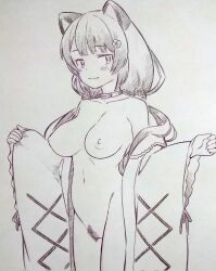 Rule 34 | 1girl, animal ears, bare shoulders, blunt bangs, breast focus, breasts, closed mouth, collar, collarbone, commentary request, female pubic hair, functionally nude, highres, inui toko, large breasts, long hair, looking at viewer, low twintails, medium breasts, monochrome, navel, nijisanji, nipples, no bra, no panties, presenting, pubic hair, showing off, showing off breasts, smile, solo, standing, tagme, traditional media, tsukareta san, twintails, virtual youtuber, wide sleeves