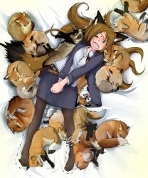 Rule 34 | 1girl, animal, animal ears, animal in clothes, bed, bed sheet, belt, blue jacket, blue skirt, blush, breasts, breasts squeezed together, brown belt, brown hair, brown pantyhose, cleavage, closed eyes, doitsuken, dress shirt, drooling, flustered, fox, fox ears, fox girl, fox tail, from above, glasses, highres, jacket, long hair, long sleeves, looking at viewer, lying, medium breasts, motion lines, no shoes, on back, on bed, one eye closed, open clothes, open jacket, open mouth, original, pantyhose, pencil skirt, saliva, shirt, skirt, sleeping, striped clothes, striped shirt, tail, too many foxes, trembling, unworn eyewear, vertical stripes, white shirt, yellow eyes