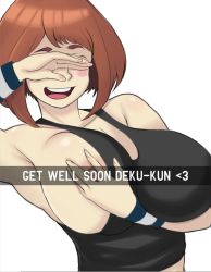 Rule 34 | 10s, 1girl, blush stickers, boku no hero academia, breasts, brown hair, covering face, grabbing own breast, large breasts, looking at viewer, mkonstantinov, nipples, no bra, one breast out, open mouth, selfie, short hair, simple background, smile, solo, tank top, uraraka ochako, white background, wristband