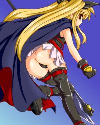 Rule 34 | 00s, 1girl, artist request, ass, axe, bardiche (device form) (nanoha), bardiche (nanoha), belt, black cape, black footwear, black gloves, black leotard, black thighhighs, blonde hair, boots, cape, fate testarossa, fate testarossa (original form), flying, from behind, gloves, hair ribbon, holding, leotard, long hair, looking at viewer, looking back, lyrical nanoha, mahou shoujo lyrical nanoha, mahou shoujo lyrical nanoha a&#039;s, miniskirt, red belt, red eyes, ribbon, skirt, sky, solo, thighhighs, twintails, white skirt