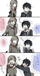 Rule 34 | 1boy, 1girl, ^^^, ahoge, bag, black necktie, blouse, bow, bowtie, cable, collared shirt, comic, emphasis lines, head rest, holding, holding bag, necktie, original, red bow, red bowtie, shirt, speech bubble, surprised, translation request, v-shaped eyebrows, wavy mouth, white background, white shirt, wonoco0916