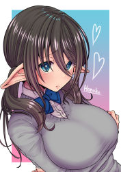 Rule 34 | 1girl, absurdres, black hair, blue eyes, blush, breasts, brown hair, elf, heart, highres, kira kazuki, large breasts, long hair, looking at viewer, neck ribbon, original, pointy ears, ribbon, solo, sweater, twintails