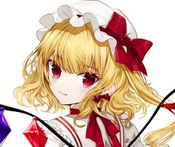 Rule 34 | 1girl, absurdres, bad id, bad twitter id, blonde hair, bow, choker, commentary request, crystal, daimaou ruaeru, flandre scarlet, frilled shirt collar, frills, from behind, hair between eyes, hat, hat bow, highres, long hair, looking at viewer, looking back, mob cap, one side up, portrait, red bow, red choker, red eyes, red ribbon, ribbon, ribbon choker, simple background, smile, solo, touhou, white background, white hat, wings