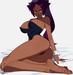 Rule 34 | 1girl, absurdres, alternate costume, areola slip, arm support, bare shoulders, barefoot, bed sheet, black leotard, bleach, breasts, censored, censored feet, dark-skinned female, dark skin, eyelashes, feet, forehead, foreshortening, full body, grey background, highleg, highleg leotard, highres, l4wless, large breasts, legs, leotard, lips, long hair, long sleeves, looking at viewer, parted bangs, parted lips, playboy bunny, ponytail, purple hair, shadow, shihouin yoruichi, sidelocks, signature, strapless, strapless leotard, toes, undersized breast cup, v-shaped eyebrows, wrist cuffs, yellow eyes