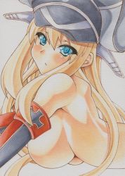 Rule 34 | 10s, 1girl, bismarck (kancolle), blonde hair, blue eyes, blush, breasts, hat, kantai collection, large breasts, long hair, looking at viewer, marker (medium), millipen (medium), nude, personification, simple background, slit pupils, solo, traditional media, white background, yutakasan-love