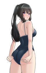 Rule 34 | 1girl, absurdres, adjusting clothes, adjusting swimsuit, alternate hairstyle, ass, bang dream!, bare arms, bare shoulders, black hair, blue one-piece swimsuit, blush, breasts, commentary, competition school swimsuit, cowboy shot, from behind, hands on own ass, highres, long hair, looking at viewer, looking back, medium breasts, one-piece swimsuit, parted lips, ptal, purple eyes, raised eyebrow, school swimsuit, shirokane rinko, shoulder blades, sidelocks, simple background, solo, standing, swimsuit, twintails, white background