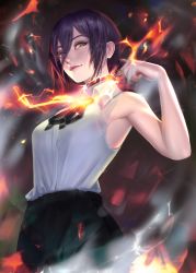 1girl absurdres armpit_peek black_pants black_ribbon blue_hair chainsaw_man choker closed_mouth collared_shirt fire from_below green_eyes hair_between_eyes hand_up high-waist_pants highres lips looking_at_viewer mattikarp neck_ribbon pants reze_(chainsaw_man) ribbon shirt shirt_tucked_in short_hair sleeveless solo white_shirt