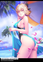 Rule 34 | 1girl, artist name, ass, bare shoulders, beach umbrella, blonde hair, blue sky, breasts, cloud, commentary request, competition swimsuit, dantewontdie, day, fate/grand order, fate (series), large breasts, letterboxed, looking at viewer, okita souji (fate), okita souji (koha-ace), one-piece swimsuit, outdoors, palm tree, petals, short hair, sky, solo, swimsuit, tree, umbrella, yellow eyes