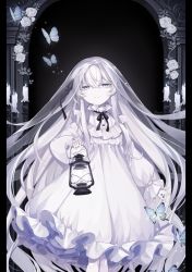 Rule 34 | 1girl, bad id, bad pixiv id, bug, butterfly, candle, crossed bangs, dress, flower, grey eyes, halloween, highres, holding, holding lantern, insect, lantern, long hair, original, pale skin, pillarboxed, rose, shiro yurine, smile, solo, veil, very long hair, white dress, white flower, white hair, white rose