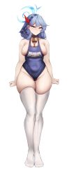 Rule 34 | 1girl, absurdres, ako (blue archive), bad id, bad pixiv id, bare arms, bare shoulders, blue archive, blue hair, blue one-piece swimsuit, blush, breasts, cleavage, closed mouth, collarbone, cowbell, curvy, full body, gluteal fold, grey eyes, hair between eyes, hairband, highres, large breasts, legs, long hair, mung (larnec), one-piece swimsuit, revision, school swimsuit, sideboob, simple background, skindentation, solo, standing, swimsuit, tears, thick thighs, thigh gap, thighhighs, thighs, undersized clothes, white background, white thighhighs