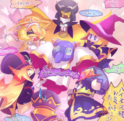 Rule 34 | 1boy, 6+girls, alternate costume, blonde hair, blunt bangs, cape, chiimako, gloves, hat, horns, hyness, japanese text, kirby: star allies, kirby (series), military, military hat, military uniform, multiple girls, multiple persona, nintendo, robe, surrounded, sweat, sweatdrop, uniform, witch hat, zan partizanne