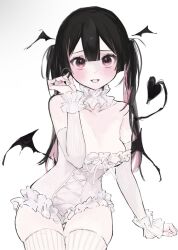 Rule 34 | 1girl, black hair, blush, breasts, demon girl, demon tail, demon wings, detached collar, detached sleeves, frilled leotard, frills, head wings, highres, iq033, leotard, long hair, looking at viewer, low wings, medium breasts, multicolored hair, open mouth, original, pink eyes, pink hair, simple background, smile, solo, tail, thighhighs, twintails, two-tone hair, white background, white leotard, white thighhighs, wings