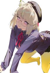 Rule 34 | 1girl, all fours, animal ear fluff, animal ears, arknights, beret, black hat, black skirt, blonde hair, closed mouth, collared shirt, commentary request, female focus, foot out of frame, glasses, hair ornament, hairclip, hat, highres, long sleeves, looking at viewer, lyooo 6, medium hair, miniskirt, no shoes, pleated skirt, purple eyes, purple shirt, red ribbon, ribbon, shirt, simple background, skirt, solo, thighhighs, tilted headwear, utage (arknights), utage (disguise) (arknights), white background, yellow thighhighs