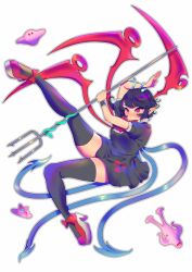 Rule 34 | 1girl, absurdres, asymmetrical wings, black dress, black hair, black thighhighs, blue wings, bow, closed mouth, commentary request, dress, flying saucer, footwear bow, frills, full body, halftone, high heels, highres, holding trident, houjuu nue, leg up, medium hair, mother (game), nintendo, pink eyes, pointy ears, red bow, red wings, short dress, short sleeves, simple background, snake, solo, spacecraft, starman (mother), thighhighs, touhou, white background, wings, yamazaki tsukune