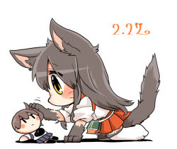 Rule 34 | 10s, 1girl, akagi (kancolle), all fours, animal ears, animal hands, black hair, cat day, cat ears, cat tail, character doll, dated, kaga (kancolle), kantai collection, rebecca (keinelove), shirt, side ponytail, skirt, tail, yellow eyes