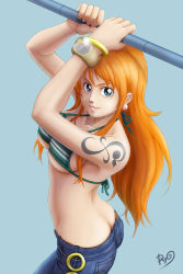 Rule 34 | 1girl, aqua background, bikini, bikini top only, blue eyes, bracelet, butt crack, female focus, highres, jewelry, log pose, long hair, looking at viewer, nami (one piece), one piece, orange hair, pole, polearm, ryos-room-eden, simple background, solo, swimsuit, tattoo, weapon