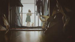 Rule 34 | 1girl, animal, balcony, commentary request, dated, floor, fox, from behind, hair bun, highres, indoors, making-of available, original, overall skirt, railing, short sleeves, signature, single hair bun, white legwear, xiaobanbei milk
