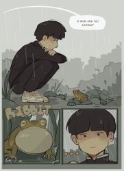 Rule 34 | ..., 1boy, animal, black eyes, black hair, black jacket, black pants, blunt bangs, bowl cut, closed mouth, comic, commentary, crossed arms, english commentary, english text, frog, gakuran, highres, jacket, kageyama shigeo, long sleeves, looking at animal, male focus, mob psycho 100, mp100days, outdoors, pants, puffy cheeks, rain, school uniform, shoes, short hair, sneakers, speech bubble, squatting, white footwear