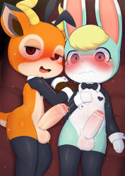 Rule 34 | 2boys, absurdres, animal crossing, animal ears, animal nose, arm at side, bar censor, beau (animal crossing), black bow, black bowtie, black eyes, black legwear, blonde hair, blue eyes, blue fur, blush, body fur, bow, bowtie, censored, closed mouth, crossdressing, deer boy, deer ears, deer tail, detached collar, embarrassed, erection, fake animal ears, foreskin, furry, furry male, half-closed eyes, hand on own chest, heart pasties, highres, horns, long sleeves, lying, male focus, meme attire, multiple boys, multiple penises, nintendo, on back, on side, open mouth, orange fur, pasties, penis, phimosis, precum, rabbit ears, reverse bunnysuit, reverse outfit, saliva, sasha (animal crossing), sweat, tail, tearing up, testicles, thighhighs, thighs, trap, wavy mouth, wide-eyed, wrist cuffs, yousan (pixiv540898)