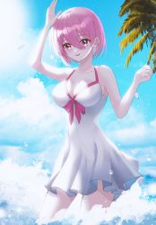 Rule 34 | 1girl, absurdres, bare shoulders, breasts, cleavage, dress, fate/grand order, fate (series), highres, large breasts, looking down, mash kyrielight, mash kyrielight (swimsuit of perpetual summer), ocean, official alternate costume, open mouth, palm tree, pink eyes, pink hair, riri (7smnzdu), short hair, smile, solo, standing, tree, water, white dress