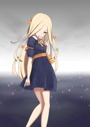 Rule 34 | 1girl, abigail williams (fate), alternate costume, black dress, blonde hair, blue eyes, bow, breasts, candy, collared dress, commentary request, dress, fate/grand order, fate (series), fingernails, food, hair bow, highres, holding, holding candy, holding food, holding key, holding lollipop, jilu, key, lollipop, long hair, looking at viewer, orange bow, pleated dress, puffy short sleeves, puffy sleeves, short sleeves, small breasts, solo, sparkle, swirl lollipop, very long hair