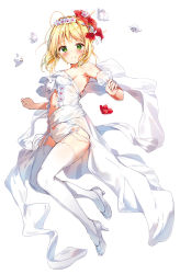 Rule 34 | 1girl, ahoge, armpits, bare shoulders, blonde hair, blush, breasts, center opening, closed mouth, daitai sotogawa (futomomo), detached sleeves, dress, fate/grand order, fate (series), flower, full body, garter straps, green eyes, hair flower, hair intakes, hair ornament, high heels, legs up, medium breasts, navel, nero claudius (fate), nero claudius (fate) (all), nero claudius (fate/extra), puffy sleeves, red flower, short hair, simple background, smile, solo, stomach, thighhighs, white background, white dress, white flower, white footwear, white thighhighs