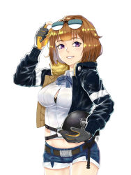 Rule 34 | 1girl, absurdres, breasts, brown hair, commentary request, english text, eyewear on head, girls&#039; frontline, gloves, brown bear, grizzly mkv (girls&#039; frontline), helmet, highres, jacket, kimkihun1479, looking at viewer, medium breasts, midriff, purple eyes, ribbon, short hair, shorts, smile, solo, sunglasses, thighs, unbuttoned, unbuttoned shirt