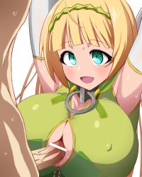 Rule 34 | 10s, 1boy, 1girl, armpits, arms behind head, arms up, bar censor, blonde hair, blue eyes, blunt bangs, blush, breasts, censored, cleavage, cleavage cutout, clothing cutout, collar, covered erect nipples, dress, elbow gloves, elf, gloves, green dress, hairband, handsfree paizuri, hetero, huge breasts, isekai maou to shoukan shoujo no dorei majutsu, long hair, looking at another, metal collar, o-ring, open mouth, paizuri, paizuri under clothes, penis, perpendicular paizuri, pointy ears, shera l. greenwood, smile, solo focus, sweat, tamezou, veins, veiny penis, white gloves, wreath