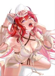 Rule 34 | 1girl, absurdres, arknights, armpits, bare shoulders, bikini, breasts, brz, cherry, cleavage, criss-cross halter, cup, detached sleeves, food, fruit, hair ornament, hair rings, halterneck, highres, holding, holding cup, horns, long hair, long sleeves, looking at viewer, navel, official alternate costume, on bed, purple eyes, red hair, seiza, sitting, solo, star (symbol), star hair ornament, surtr (arknights), surtr (colorful wonderland) (arknights), swimsuit, thigh strap, tongue, tongue out, very long hair, white background