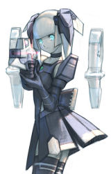 Rule 34 | 1girl, black gloves, blue eyes, character request, closed mouth, gloves, gun, looking at viewer, phantasy star, phantasy star online, sakamoto mineji, short hair, simple background, skirt, solo, thighhighs, weapon, white background, white hair