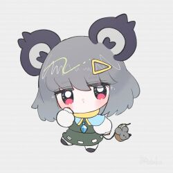 Rule 34 | 1girl, animal ears, basket, blush, capelet, chibi, commentary, dotaku (wran8845), grey hair, hand up, heart, highres, holding, holding with tail, jewelry, long sleeves, looking at viewer, mouse (animal), mouse ears, mouse tail, nazrin, prehensile tail, puffy long sleeves, puffy sleeves, sleeves past wrists, standing, standing on one leg, striped, striped background, tail, touhou