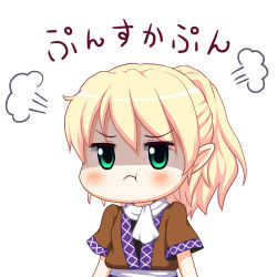 Rule 34 | 1girl, bebeneko, blonde hair, green eyes, looking at viewer, mizuhashi parsee, pointy ears, ponytail, pout, scarf, shaded face, solo, touhou, translation request